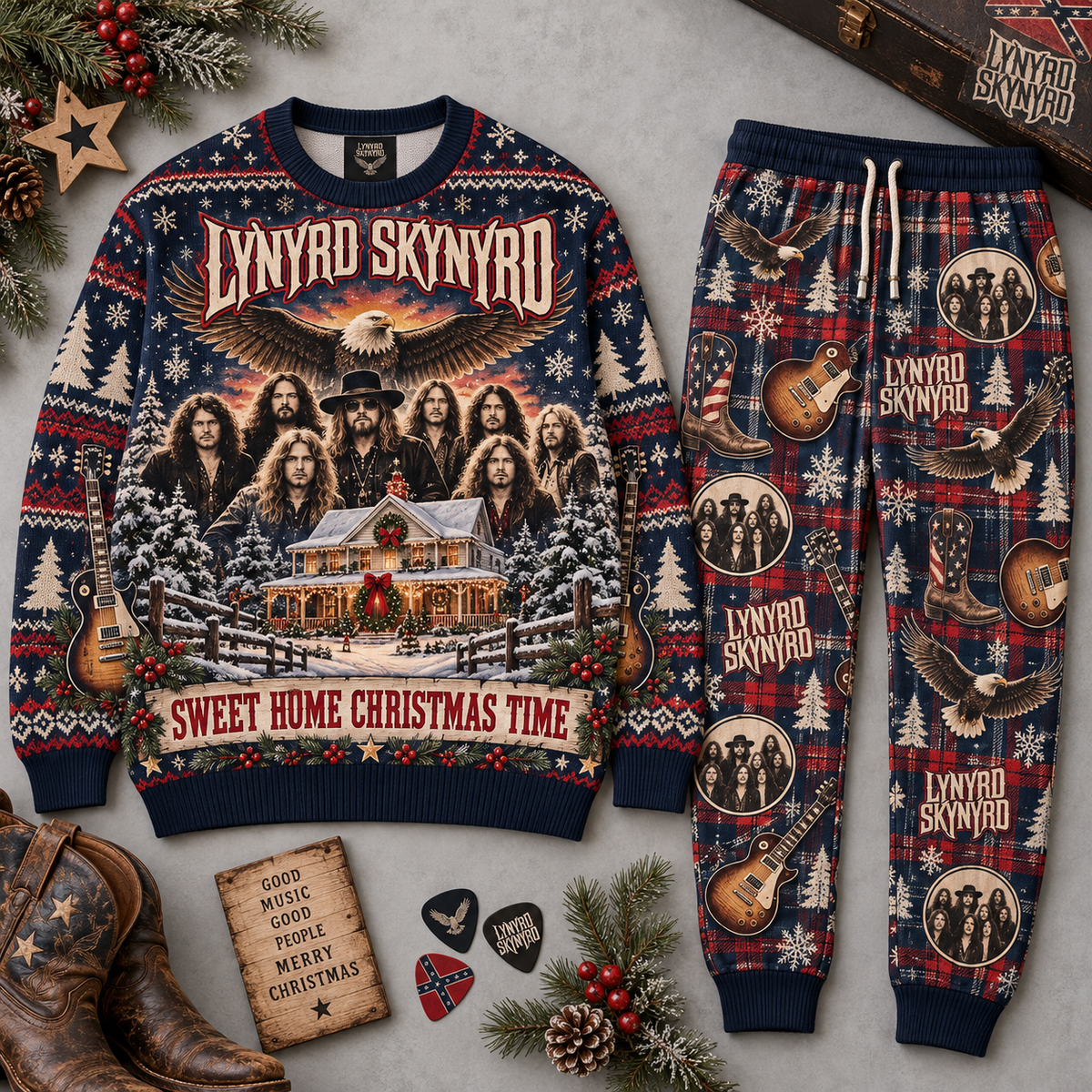 AC/DC Dirty Deeds Done Dirt Cheap Red Black Holiday Sweater and Jogger Pants Set NDN 1