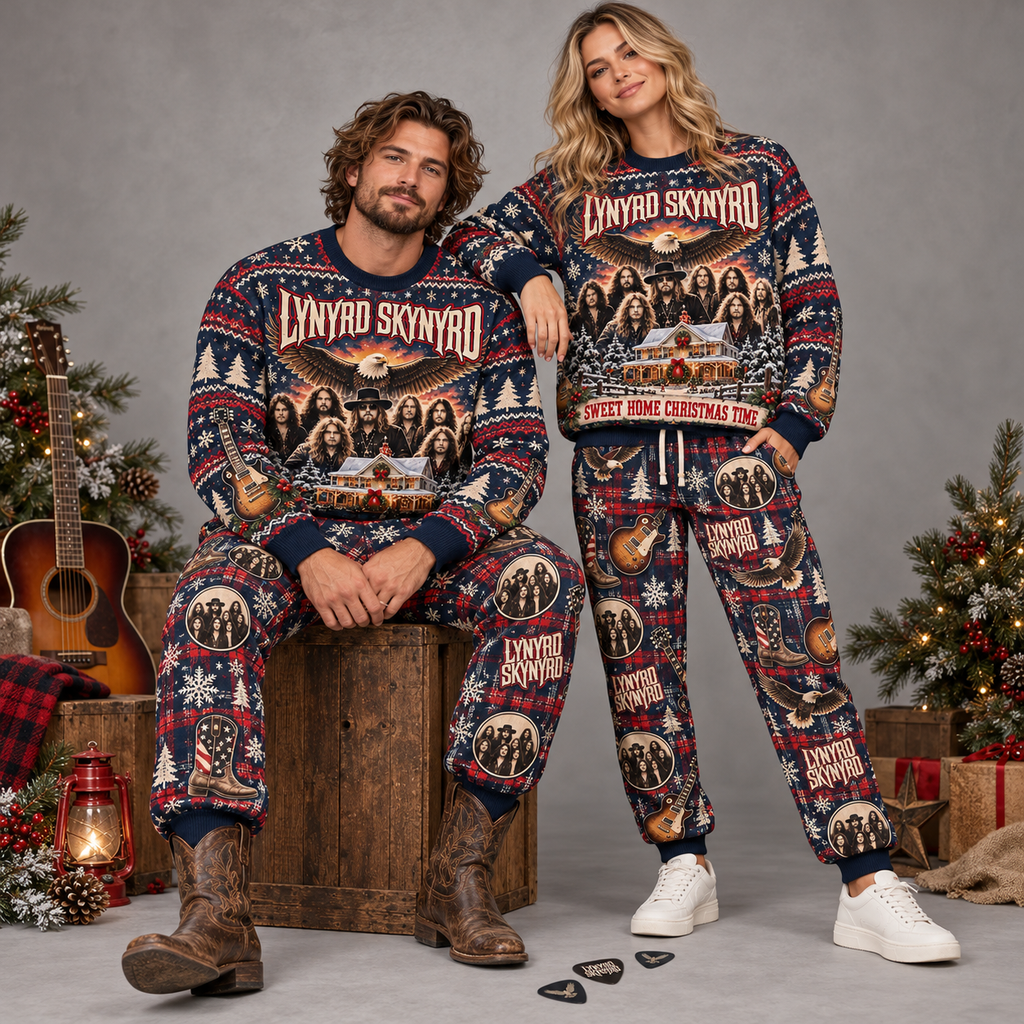 AC/DC Dirty Deeds Done Dirt Cheap Red Black Holiday Sweater and Jogger Pants Set NDN 2