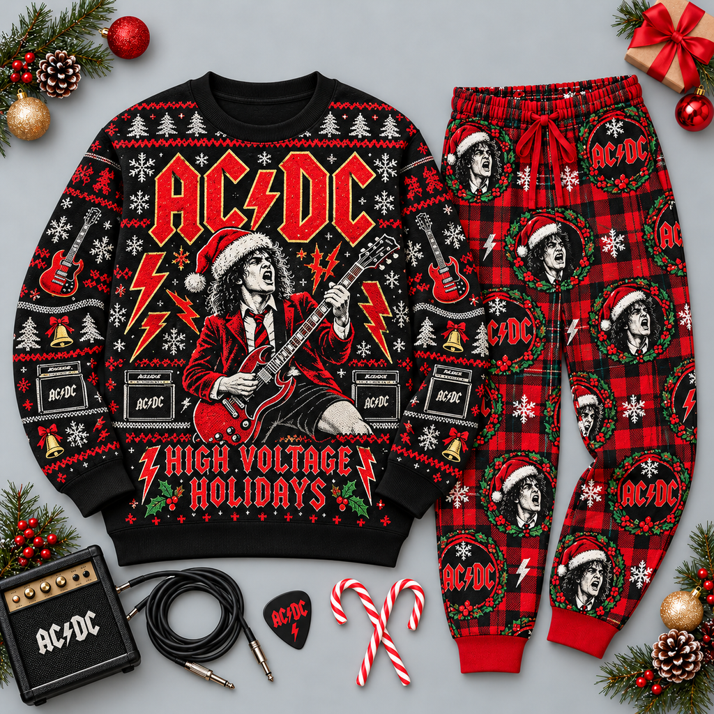 AC/DC High Voltage Holiday Red Black Festive Graphic Sweater and Jogger Pants Set NDN 1