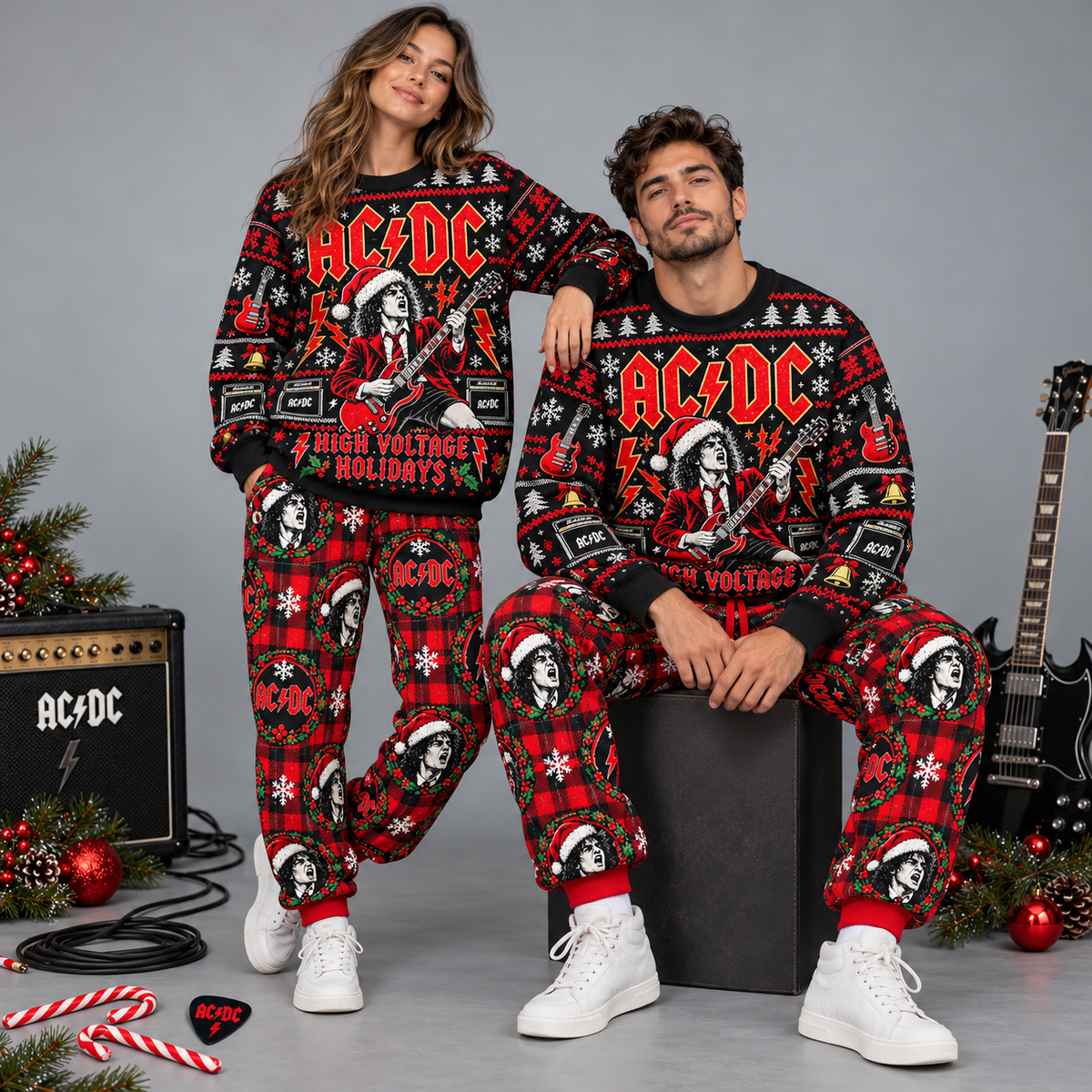 AC/DC High Voltage Holiday Red Black Festive Graphic Sweater and Jogger Pants Set NDN 2