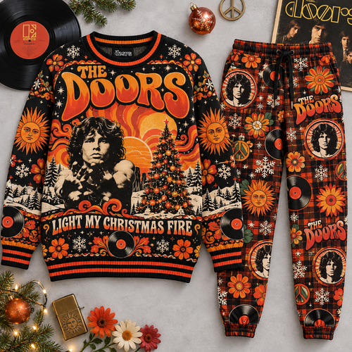 AC/DC Thunderstruck Red Black Lightning Rock Holiday Sweater and Jogger Pants Set NDN 1