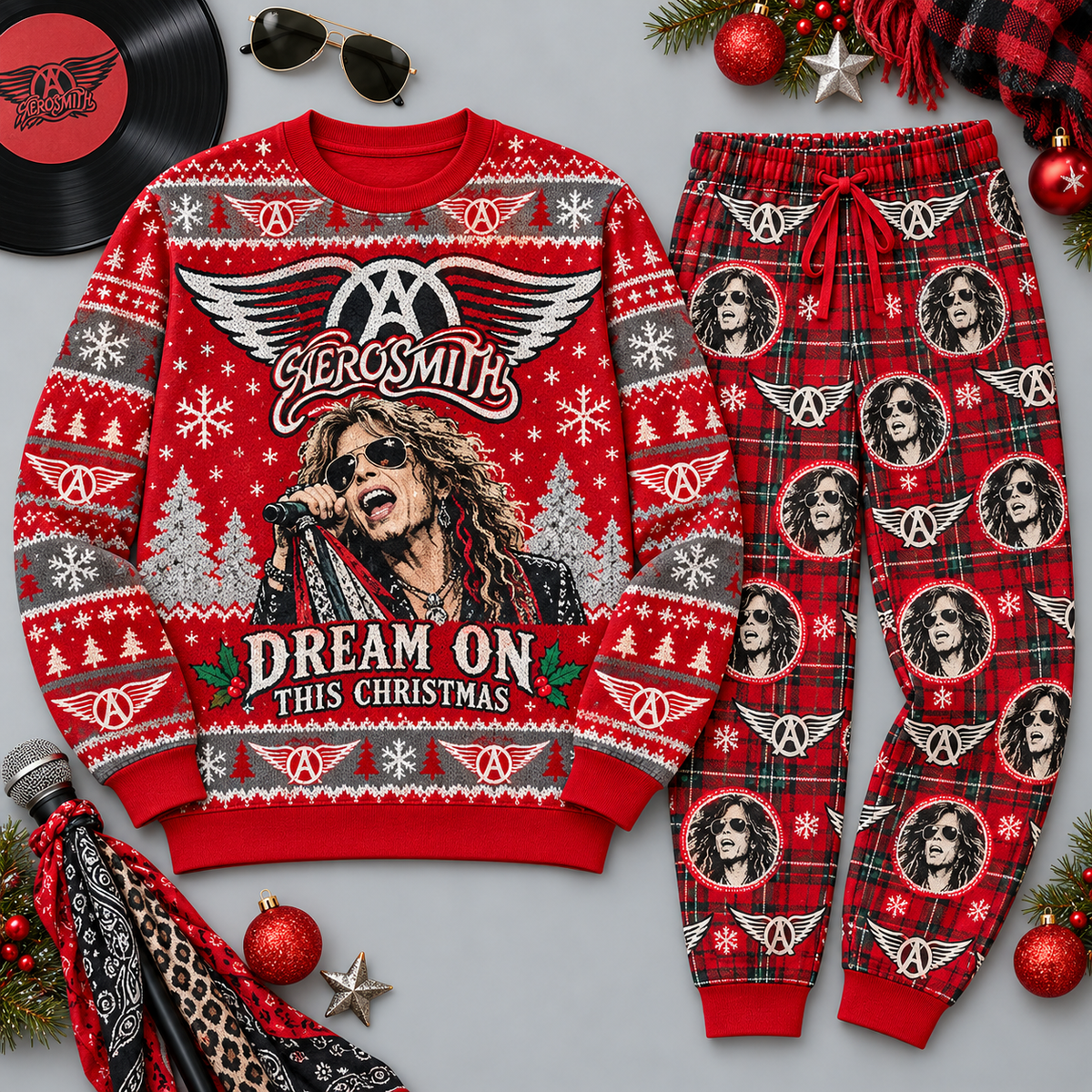 Aerosmith Dream On Christmas Red Rock Festive Graphic Sweater and Jogger Pants Set NDN 1