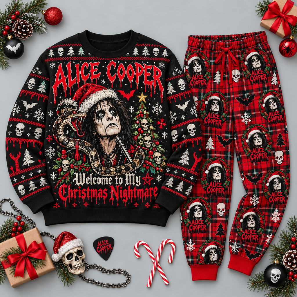 Alice Cooper Christmas Nightmare Black Red Festive Graphic Sweater and Jogger Pants Set NDN 1