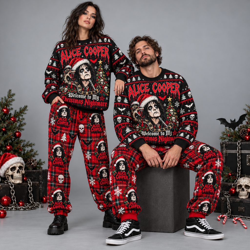Alice Cooper Christmas Nightmare Black Red Festive Graphic Sweater and Jogger Pants Set NDN 2