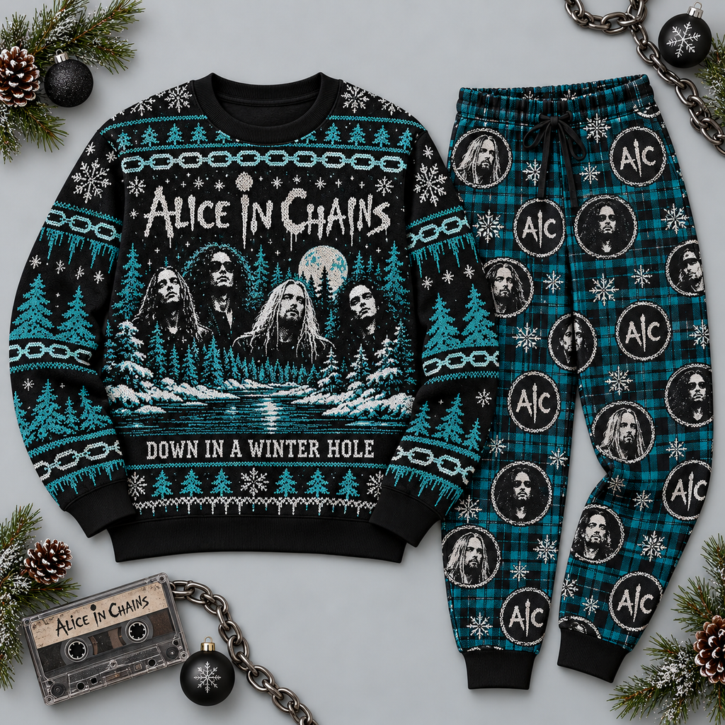 Alice in Chains Winter Hole Teal Black Festive Graphic Sweater and Jogger Pants Set NDN 1