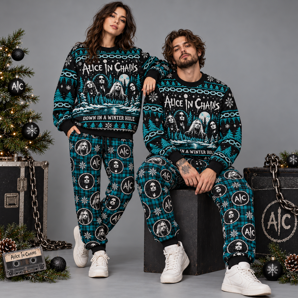 Alice in Chains Winter Hole Teal Black Festive Graphic Sweater and Jogger Pants Set NDN 2
