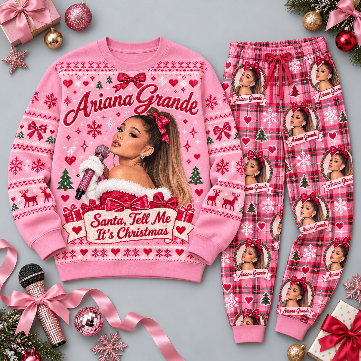 Ariana Grande Santa Tell Me Pink Christmas Festive Graphic Sweater and Jogger Pants Set NDN 1