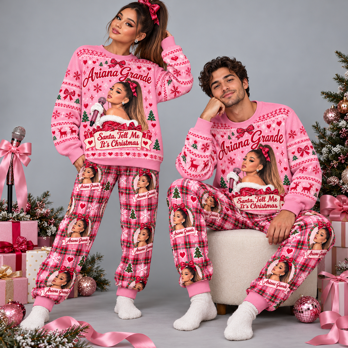 Ariana Grande Santa Tell Me Pink Christmas Festive Graphic Sweater and Jogger Pants Set NDN 2