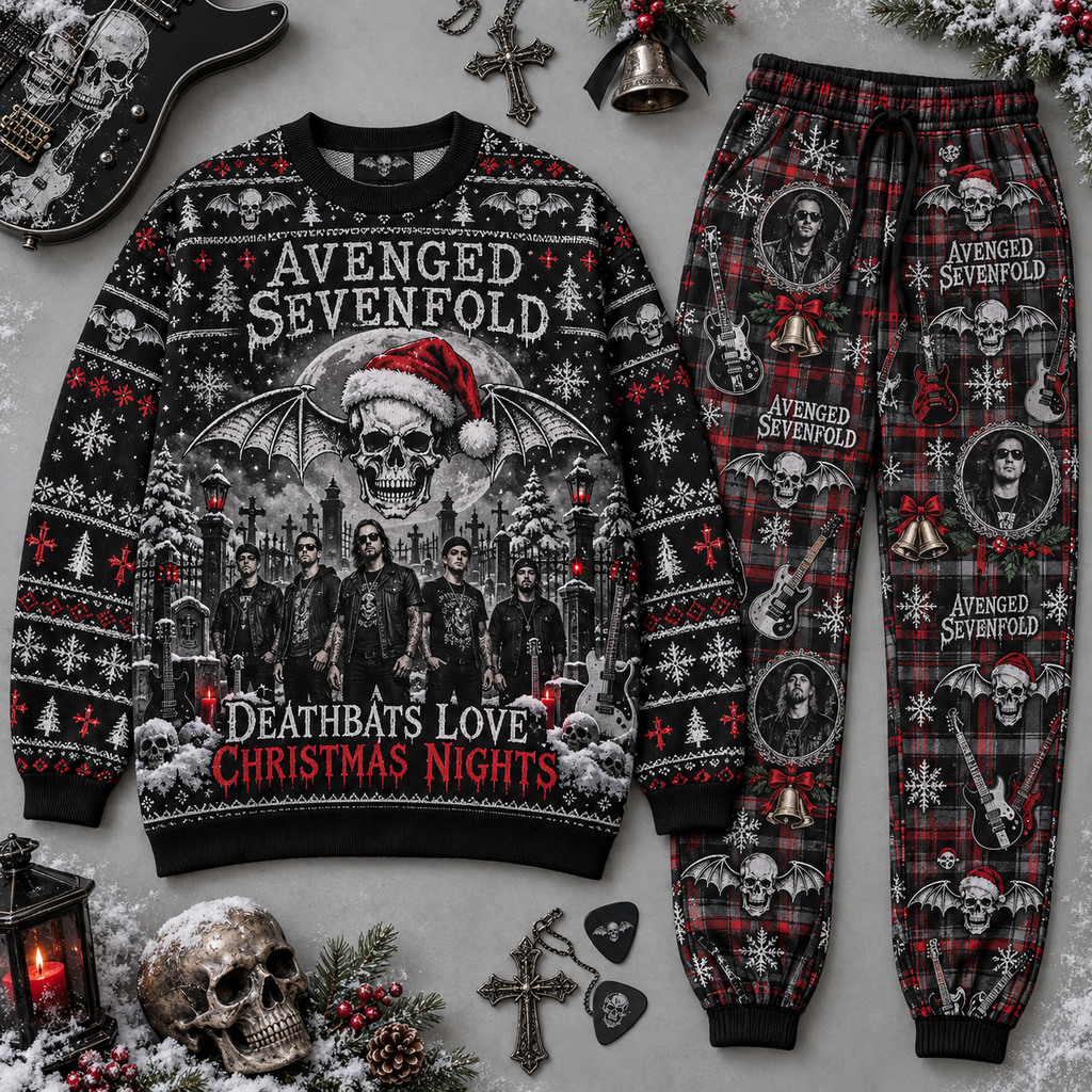 Avenged Sevenfold Deathbats Love Christmas Night Sweater and Jogger Pants Set NDN 1
