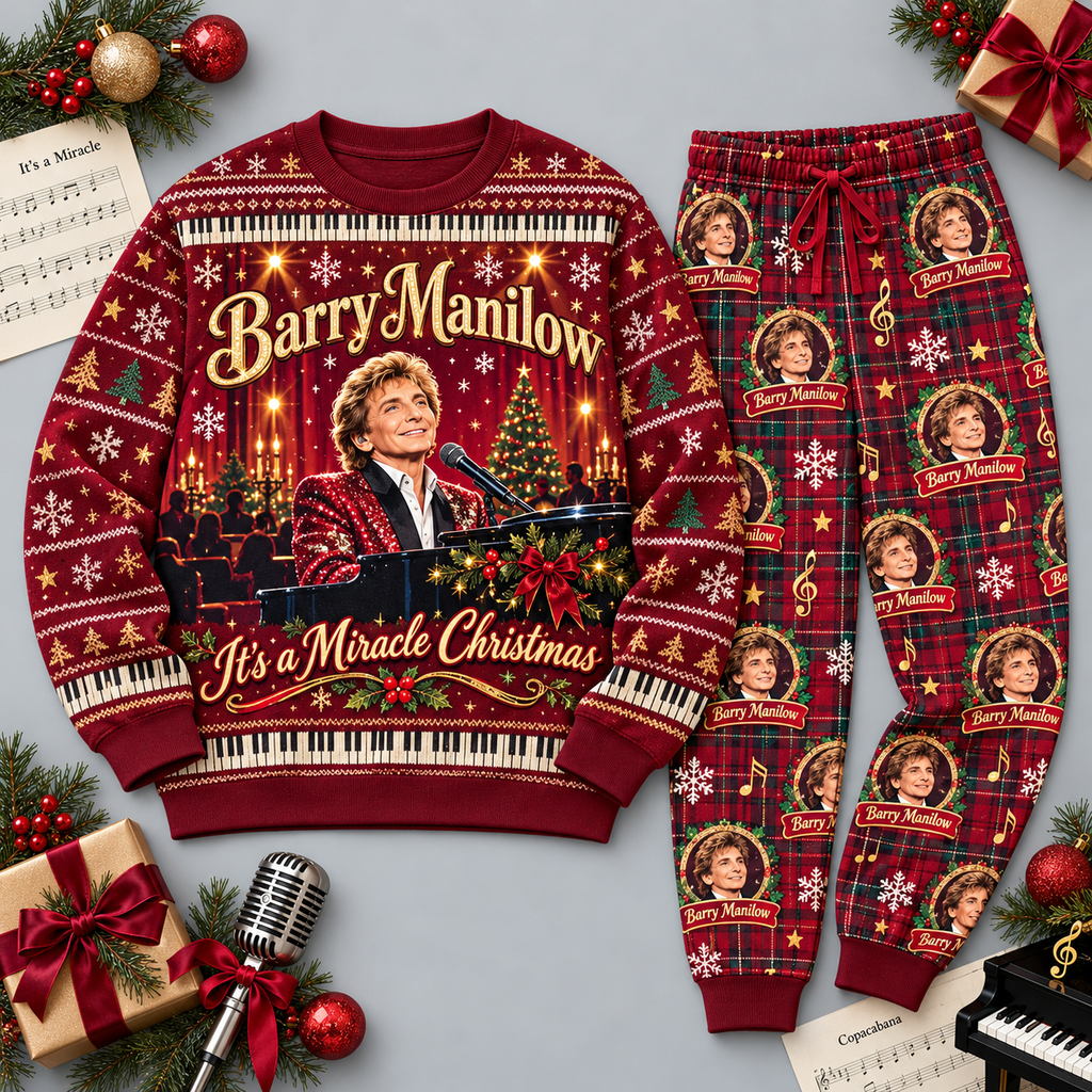 Barry Manilow Christmas Portrait Burgundy Red Festive Graphic Sweater and Jogger Pants Set NDN 1