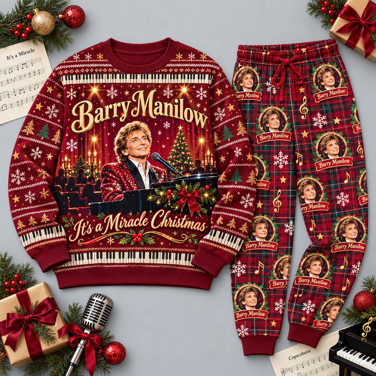 Barry Manilow Christmas Portrait Burgundy Red Festive Graphic Sweater and Jogger Pants Set NDN 1