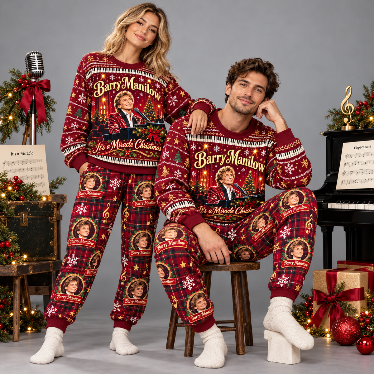 Barry Manilow Christmas Portrait Burgundy Red Festive Graphic Sweater and Jogger Pants Set NDN 2