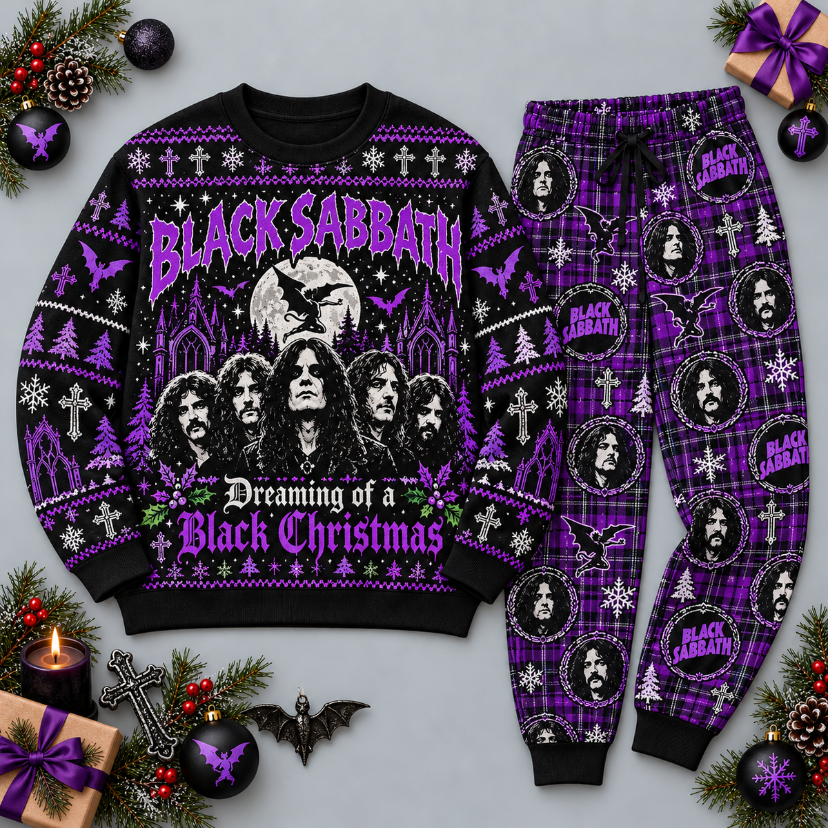 Black Sabbath Black Christmas Purple Portrait Festive Graphic Sweater and Jogger Pants Set NDN 1