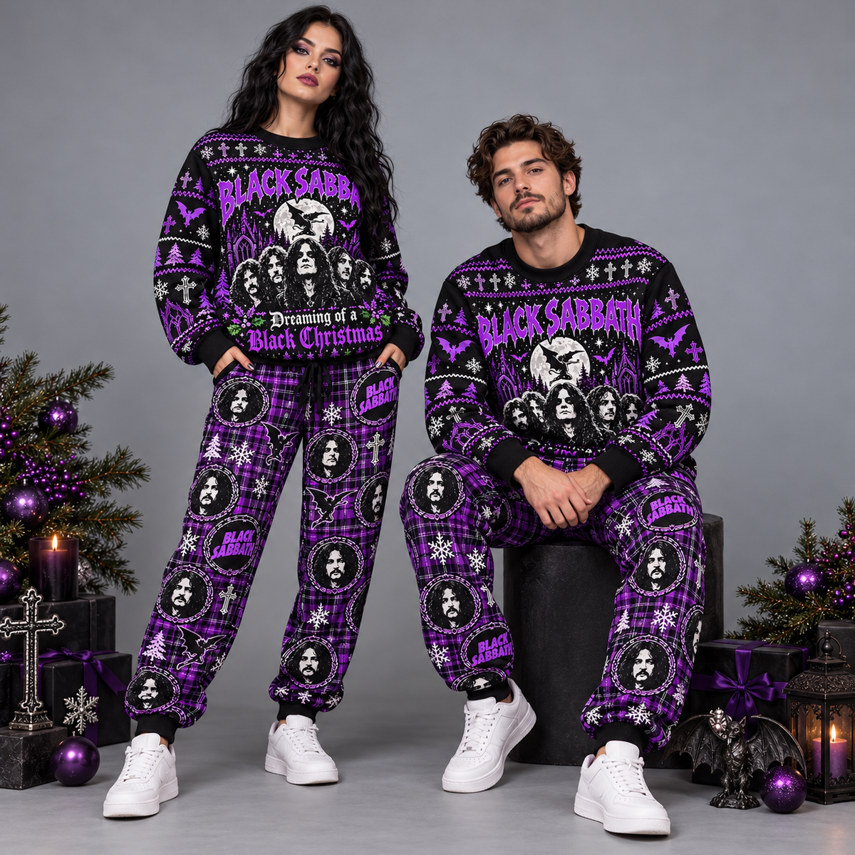 Black Sabbath Black Christmas Purple Portrait Festive Graphic Sweater and Jogger Pants Set NDN 2