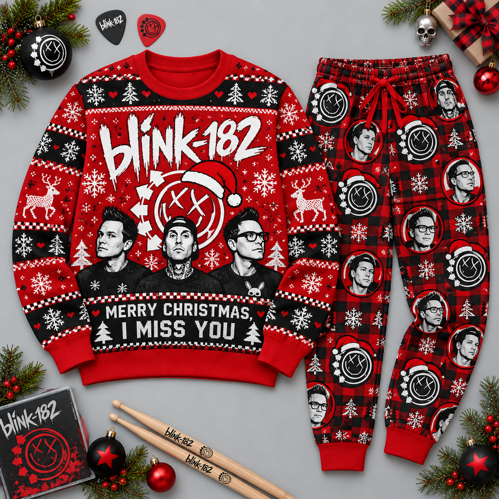 Blink-182 Merry Christmas Red Black Festive Graphic Sweater and Jogger Pants Set NDN 1