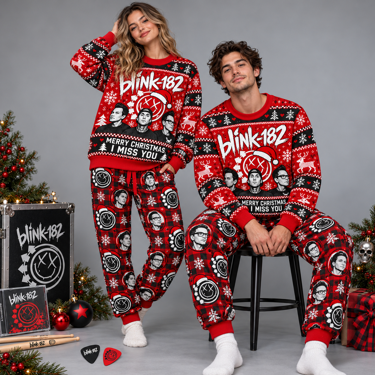 Blink-182 Merry Christmas Red Black Festive Graphic Sweater and Jogger Pants Set NDN 2