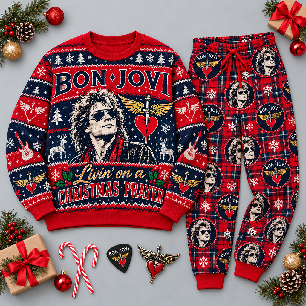 Bon Jovi Christmas Prayer Red Navy Portrait Festive Graphic Sweater and Jogger Pants Set NDN 1