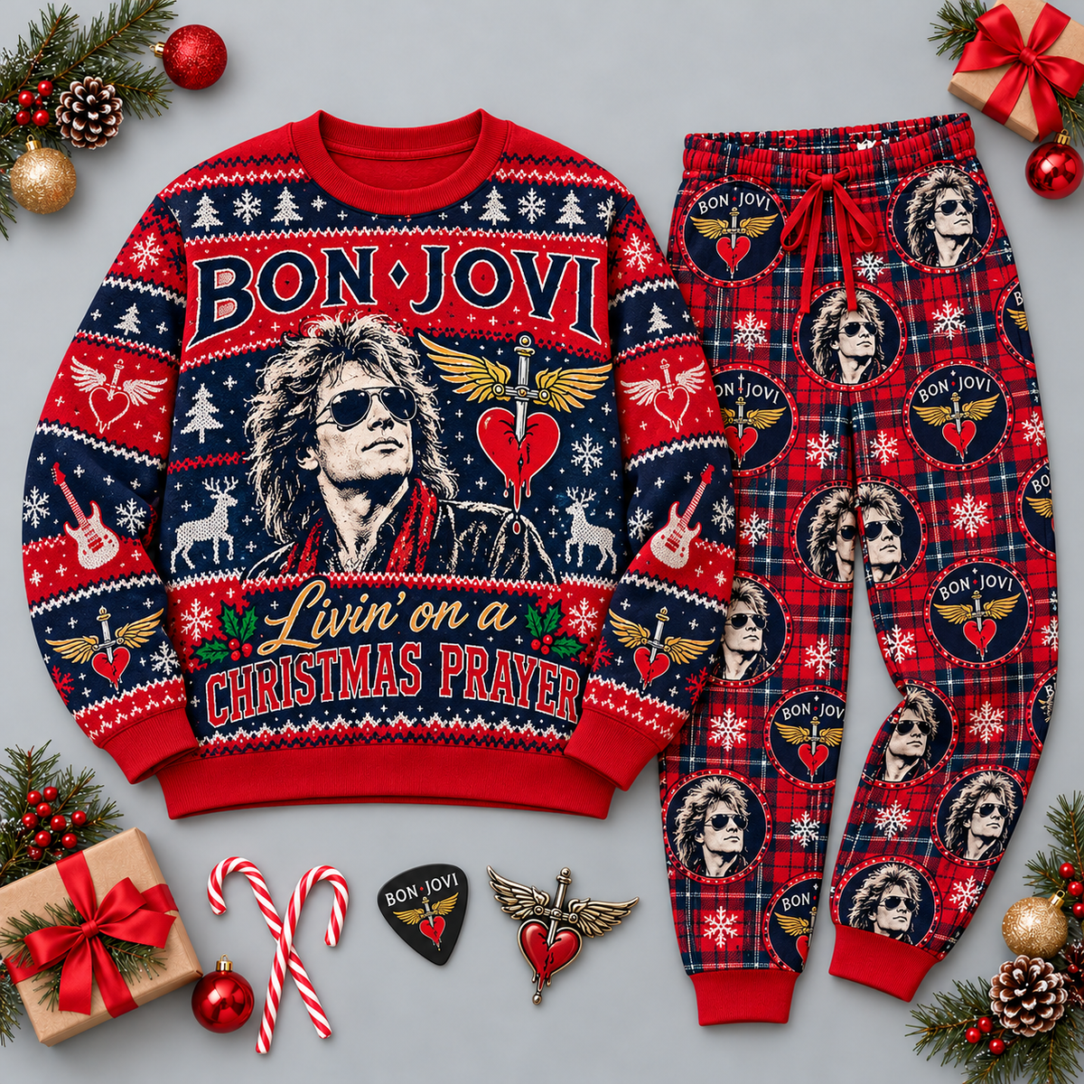 Bon Jovi Christmas Prayer Red Navy Portrait Festive Graphic Sweater and Jogger Pants Set NDN 1