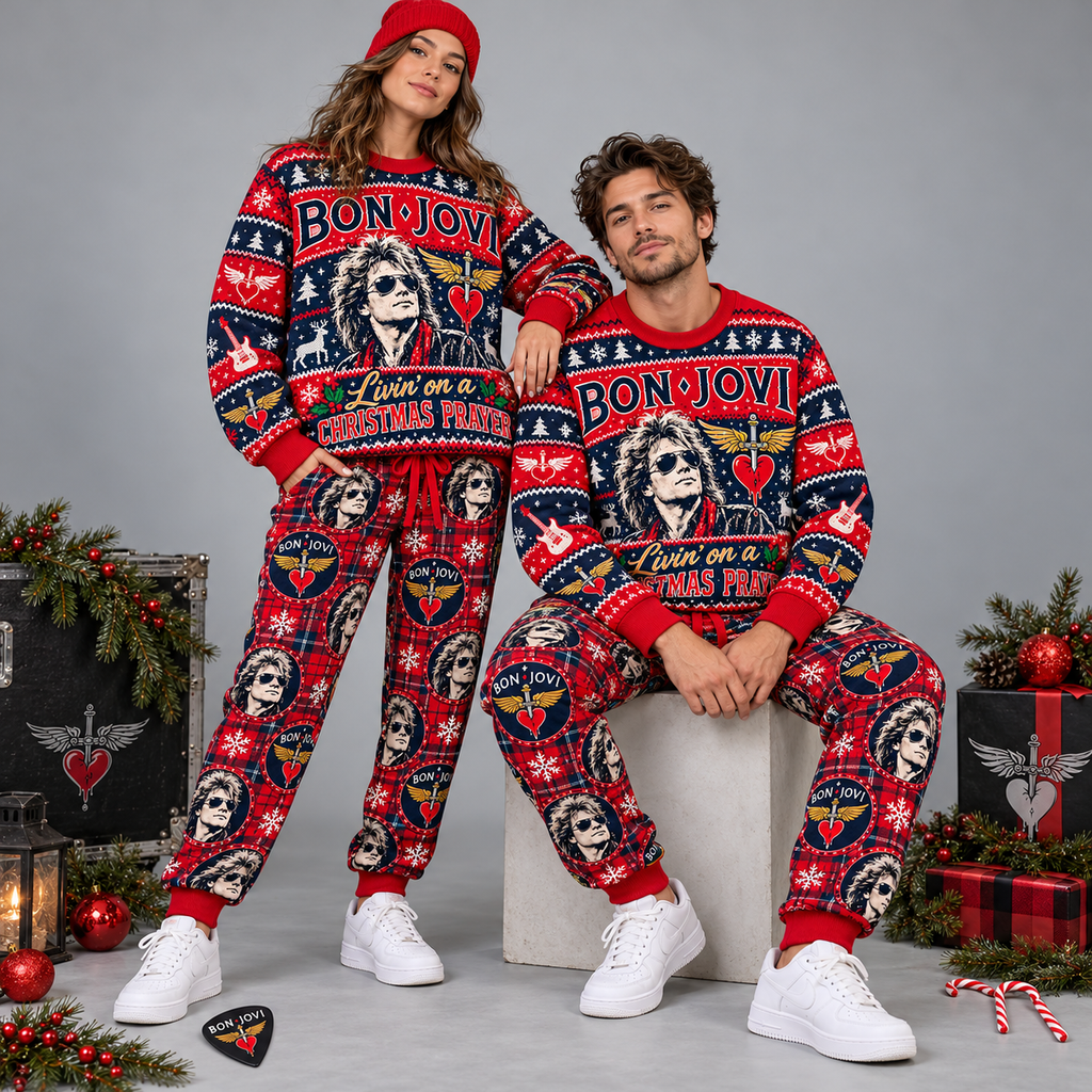 Bon Jovi Christmas Prayer Red Navy Portrait Festive Graphic Sweater and Jogger Pants Set NDN 2