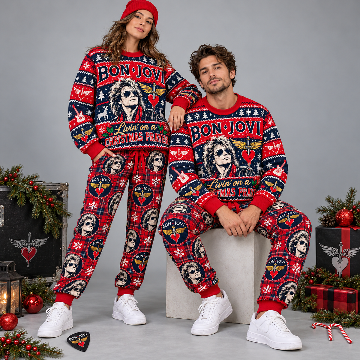 Bon Jovi Christmas Prayer Red Navy Portrait Festive Graphic Sweater and Jogger Pants Set NDN 2