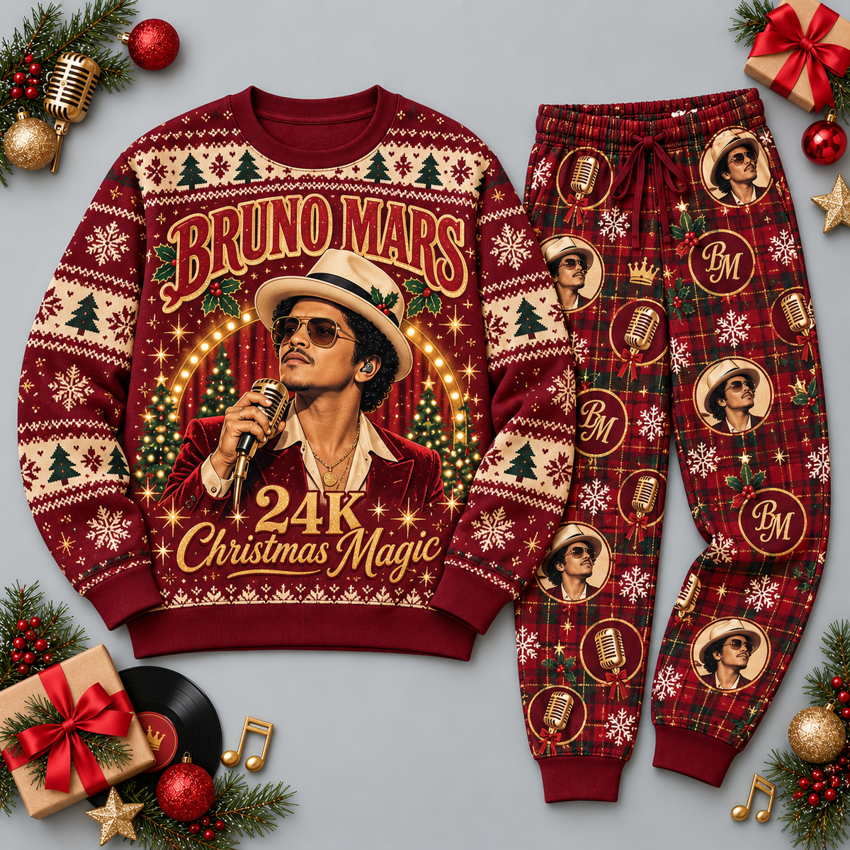 Bruno Mars 24K Christmas Magic Burgundy Gold Festive Graphic Sweater and Jogger Pants Set NDN 1