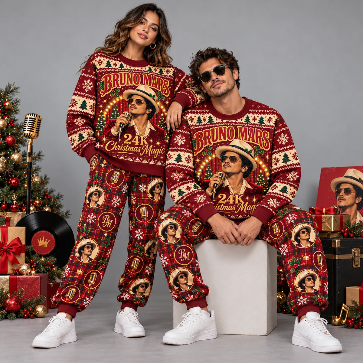 Bruno Mars 24K Christmas Magic Burgundy Gold Festive Graphic Sweater and Jogger Pants Set NDN 2