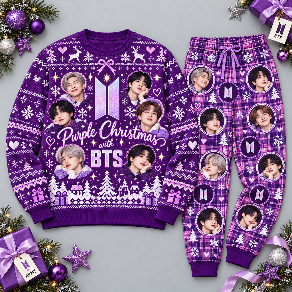 BTS Purple Christmas Portrait Snowflake Festive Graphic Sweater and Jogger Pants Set NDN 1