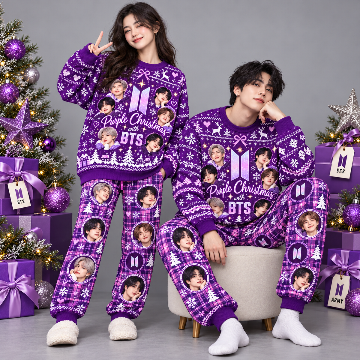 BTS Purple Christmas Portrait Snowflake Festive Graphic Sweater and Jogger Pants Set NDN 2