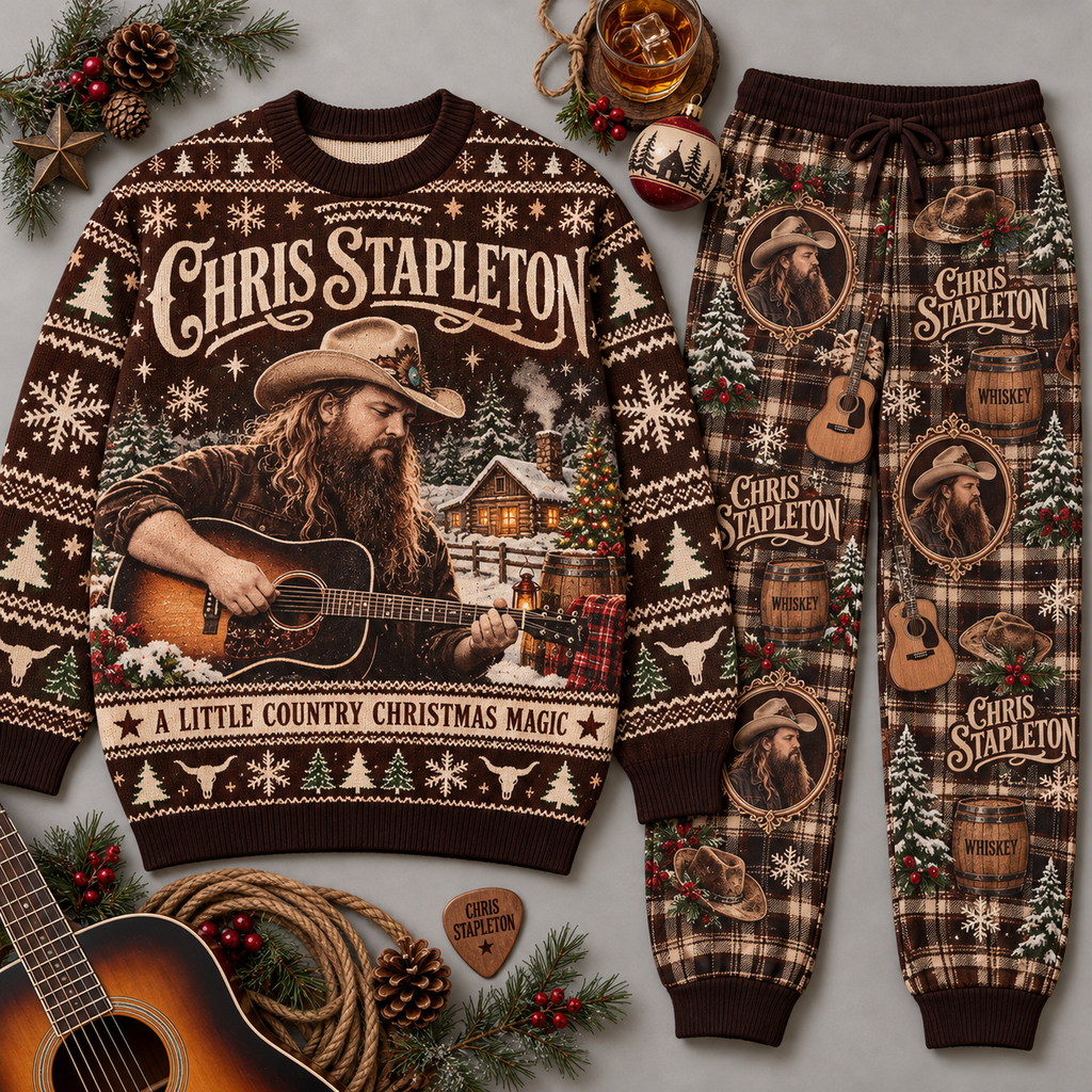 Chris Stapleton Little Country Christmas Sweater and Jogger Pants Set Red Green Plaid NDN 1