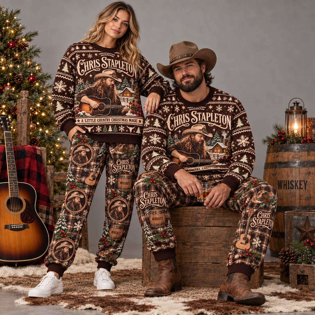 Chris Stapleton Little Country Christmas Sweater and Jogger Pants Set Red Green Plaid NDN 2