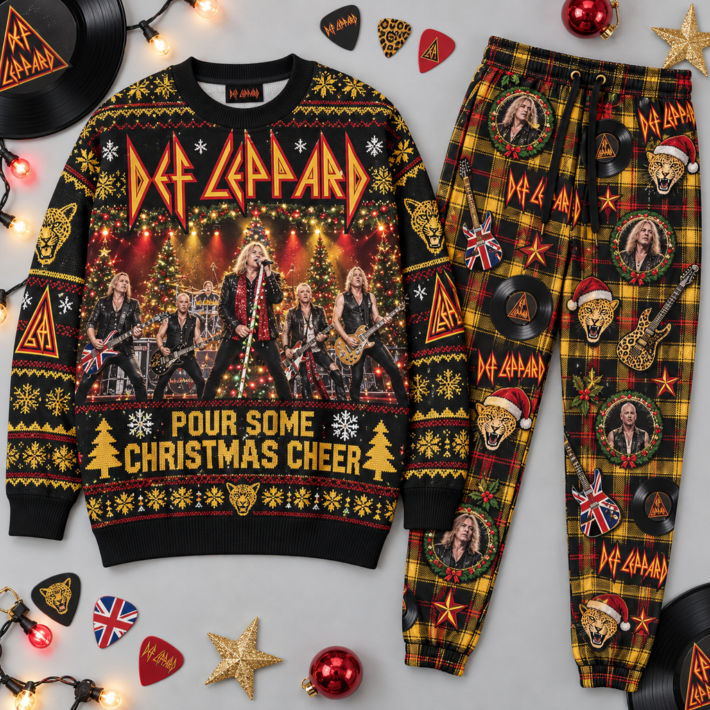 Def Leppard Pour Some Christmas Cheer Holiday Black Sweater and Jogger Pants Set NDN 1