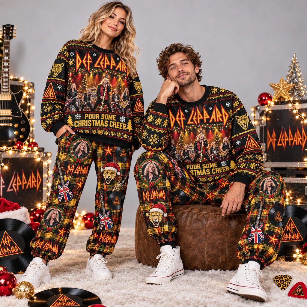 Def Leppard Pour Some Christmas Cheer Holiday Black Sweater and Jogger Pants Set NDN 2