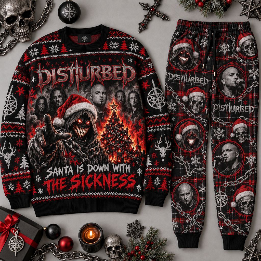 Disturbed Santa's Down With The Sickness Christmas Sweater and Jogger Pants Set NDN 1
