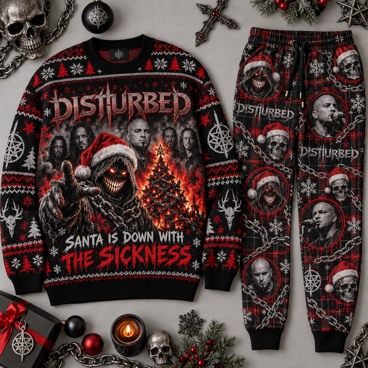 Disturbed Santa's Down With The Sickness Christmas Sweater and Jogger Pants Set NDN 1