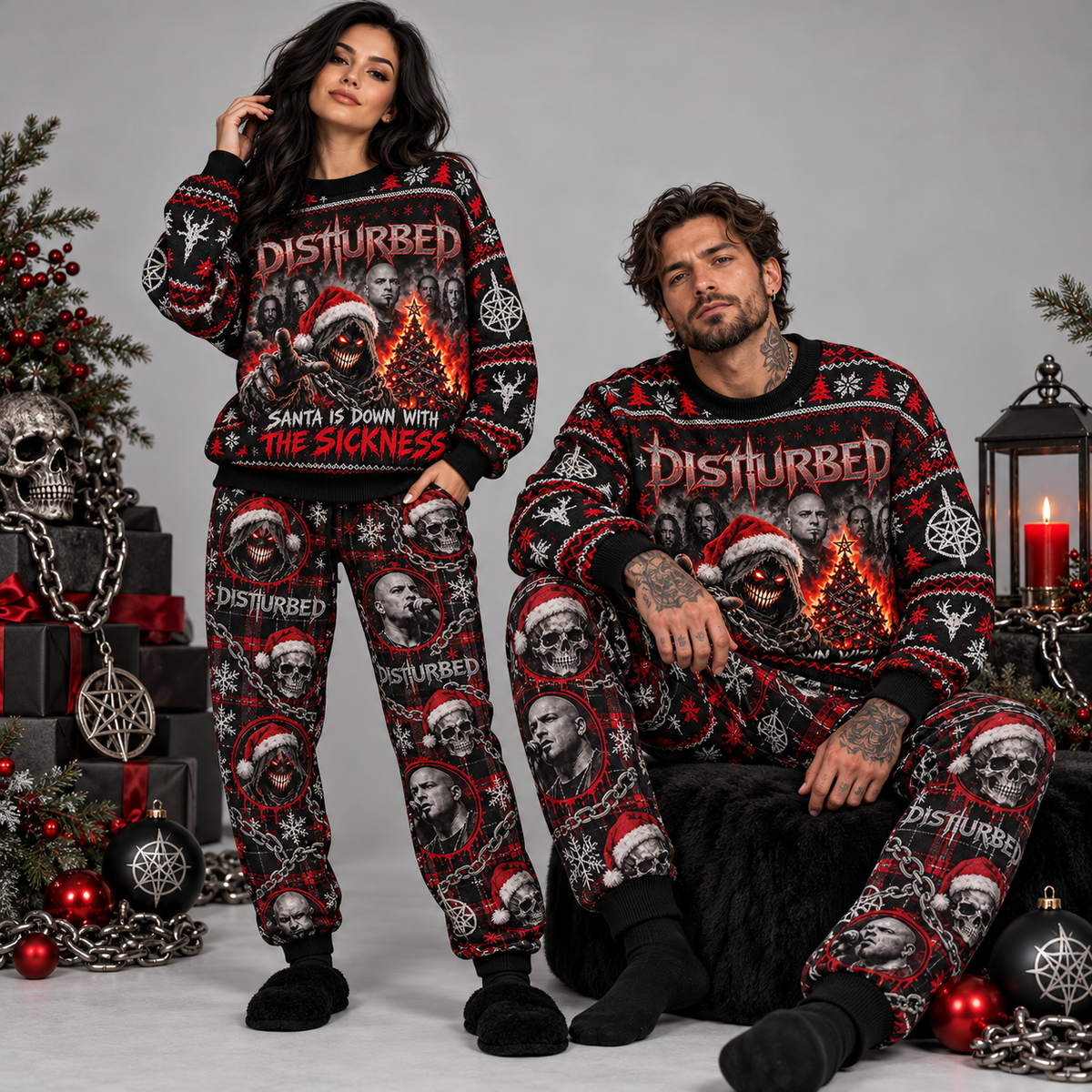 Disturbed Santa's Down With The Sickness Christmas Sweater and Jogger Pants Set NDN 2