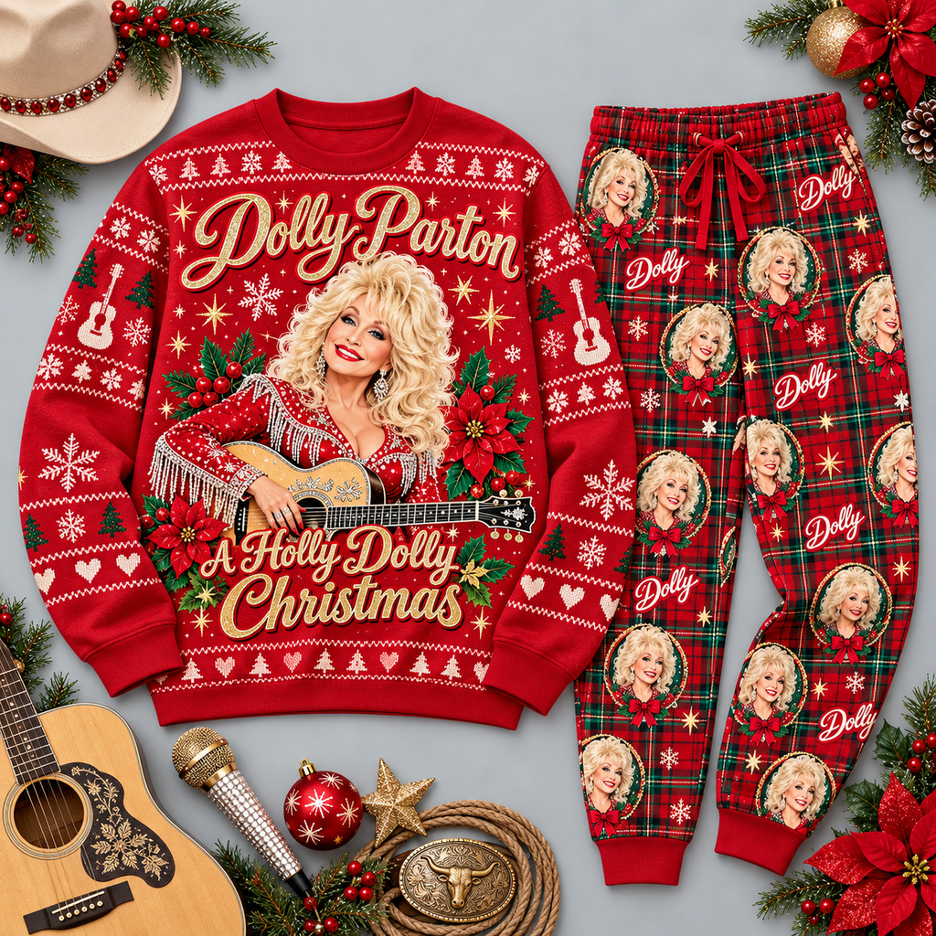 Dolly Parton Holly Dolly Christmas Red Festive Graphic Sweater and Jogger Pants Set NDN 1