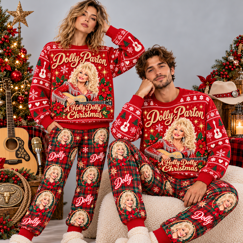 Dolly Parton Holly Dolly Christmas Red Festive Graphic Sweater and Jogger Pants Set NDN 2