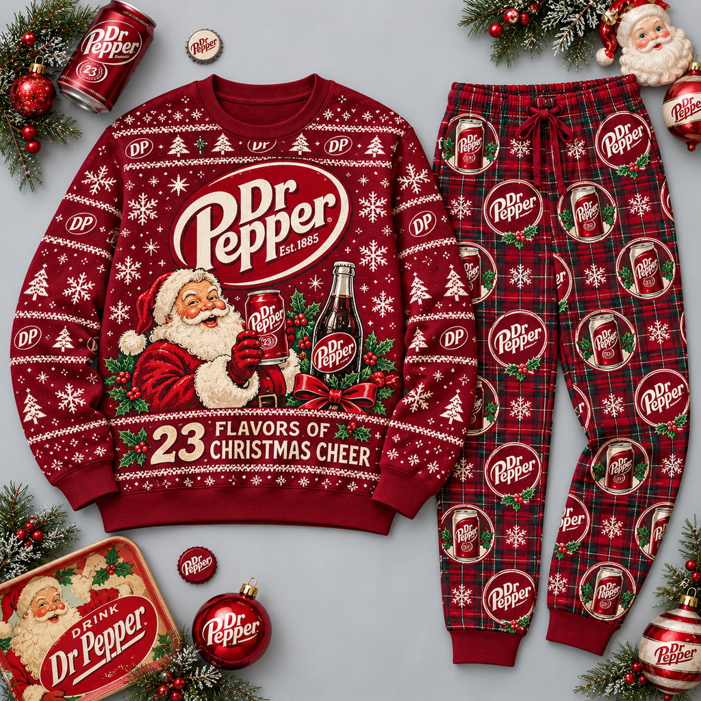 Dr Pepper 23 Flavors Christmas Burgundy Festive Graphic Sweater and Jogger Pants Set NDN 1