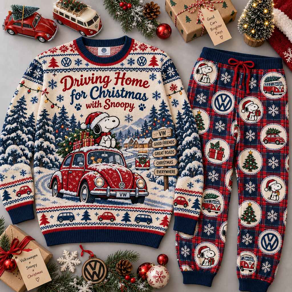 Driving Home for Christmas Blue Winter Road Festive Graphic Sweater and Jogger Pants Set NDN 1