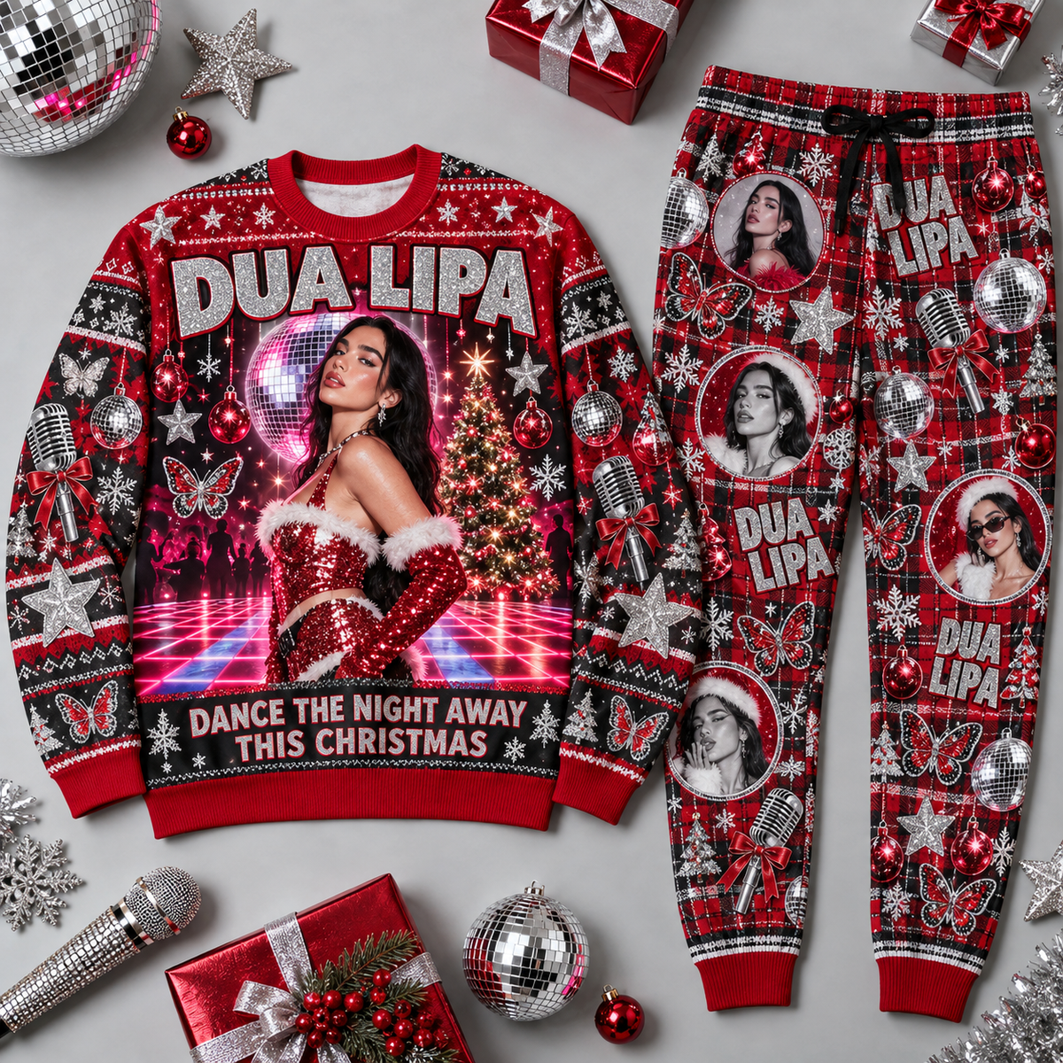 Dua Lipa Dance the Night Away Christmas Sweater and Jogger Pants Set Festive Red NDN 1
