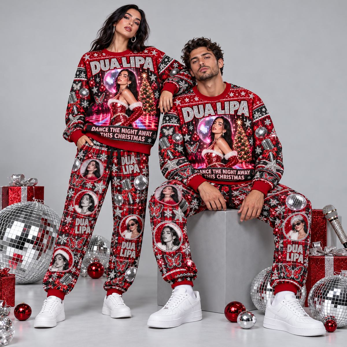 Dua Lipa Dance the Night Away Christmas Sweater and Jogger Pants Set Festive Red NDN 2