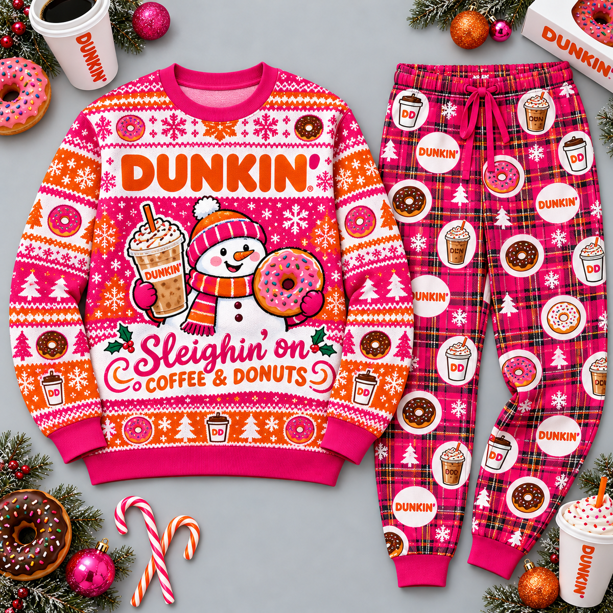 Dunkin' Coffee Donuts Christmas Pink Festive Graphic Sweater and Jogger Pants Set NDN 1