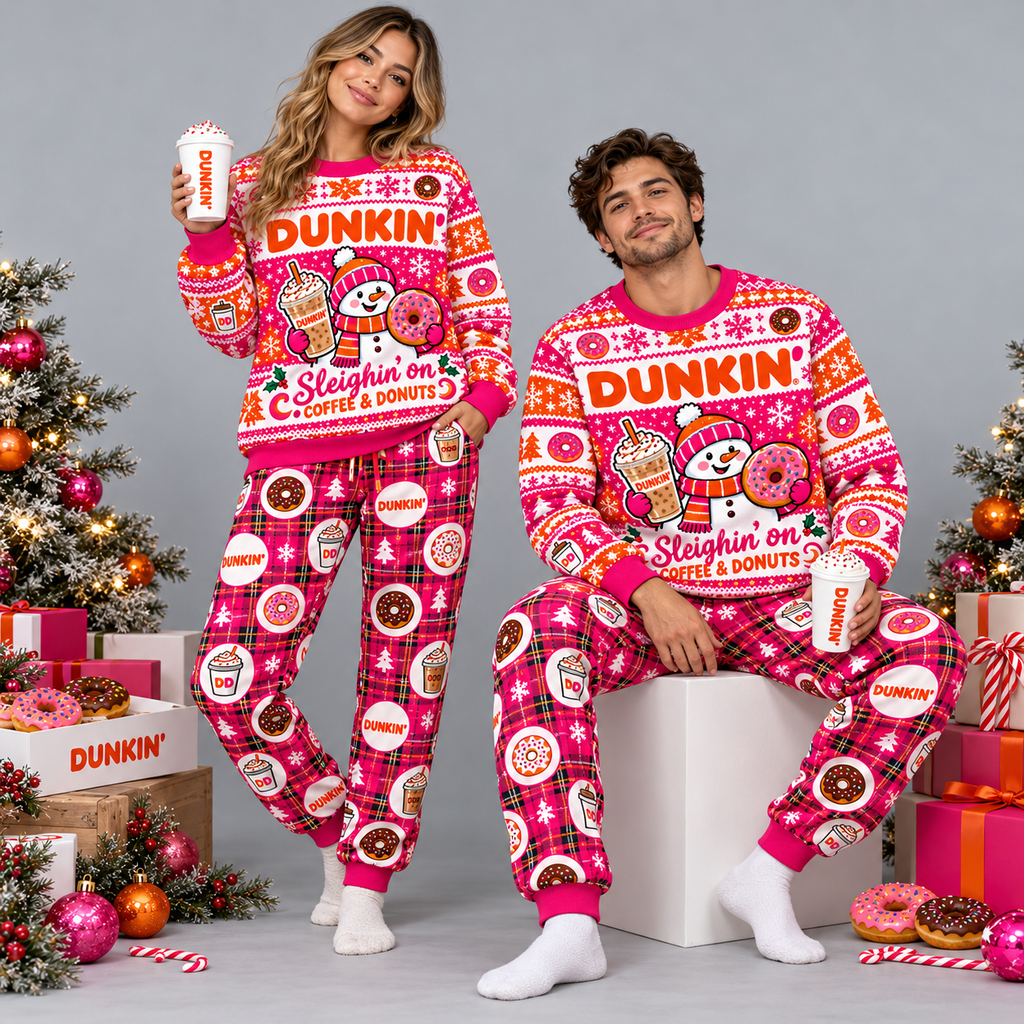 Dunkin' Coffee Donuts Christmas Pink Festive Graphic Sweater and Jogger Pants Set NDN 2