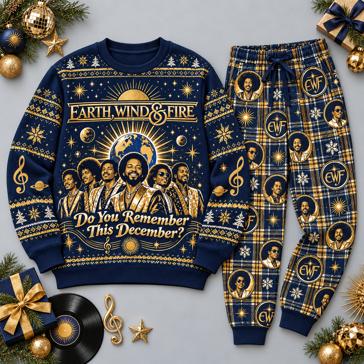 Earth Wind and Fire December Navy Gold Festive Graphic Sweater and Jogger Pants Set NDN 1
