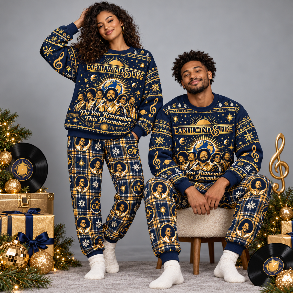 Earth Wind and Fire December Navy Gold Festive Graphic Sweater and Jogger Pants Set NDN 2