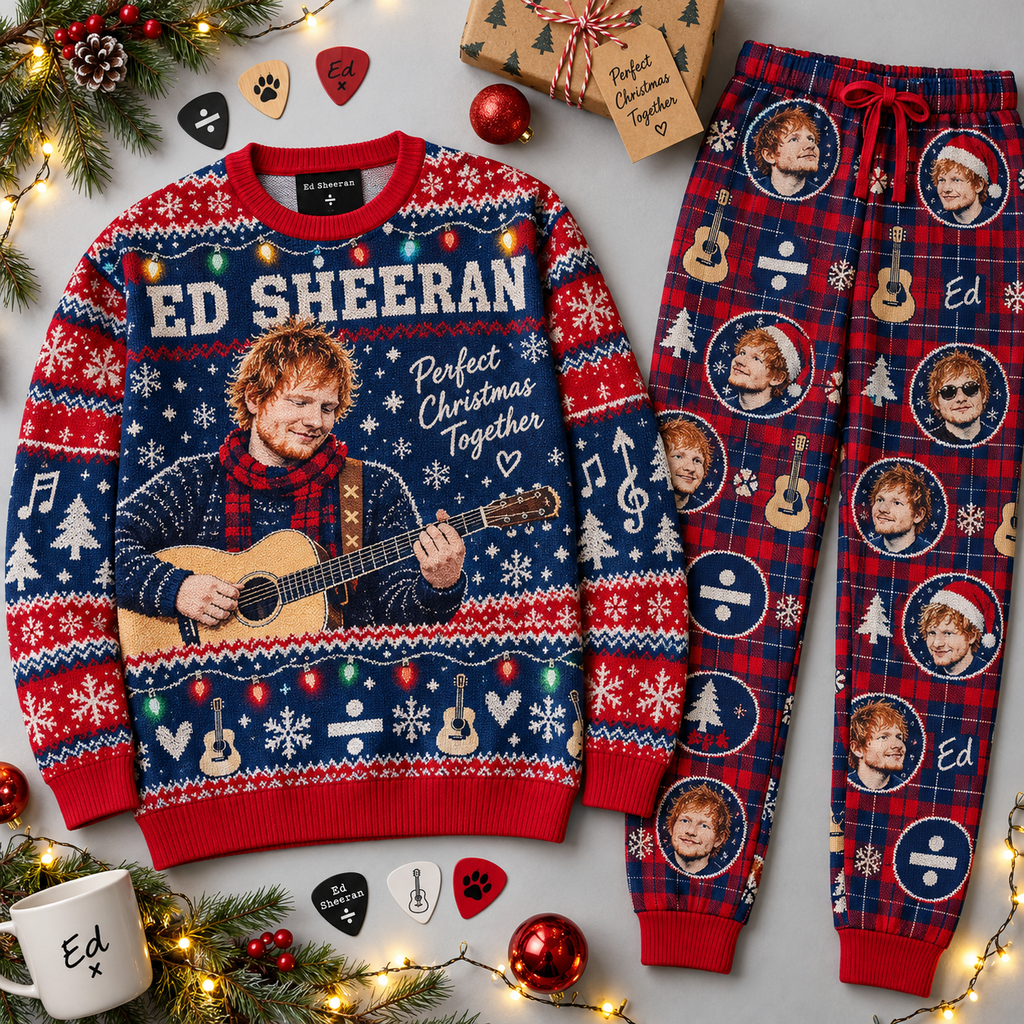 Ed Sheeran Perfect Christmas Guitar Navy Red Festive Graphic Sweater and Jogger Pants Set NDN 1