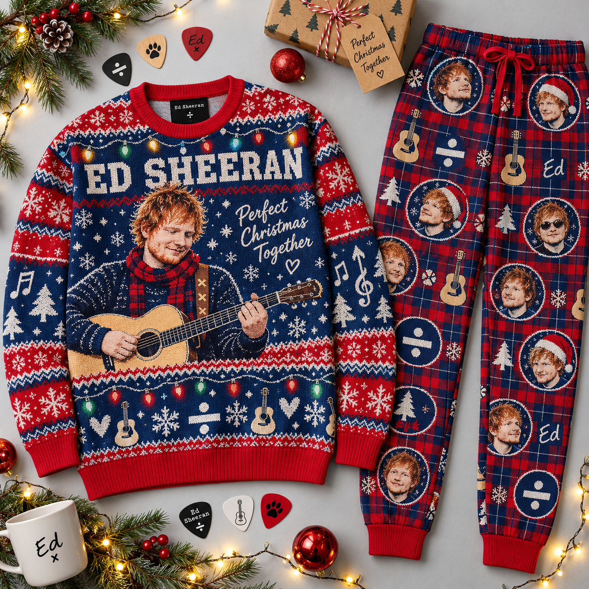 Ed Sheeran Perfect Christmas Guitar Navy Red Festive Graphic Sweater and Jogger Pants Set NDN 1