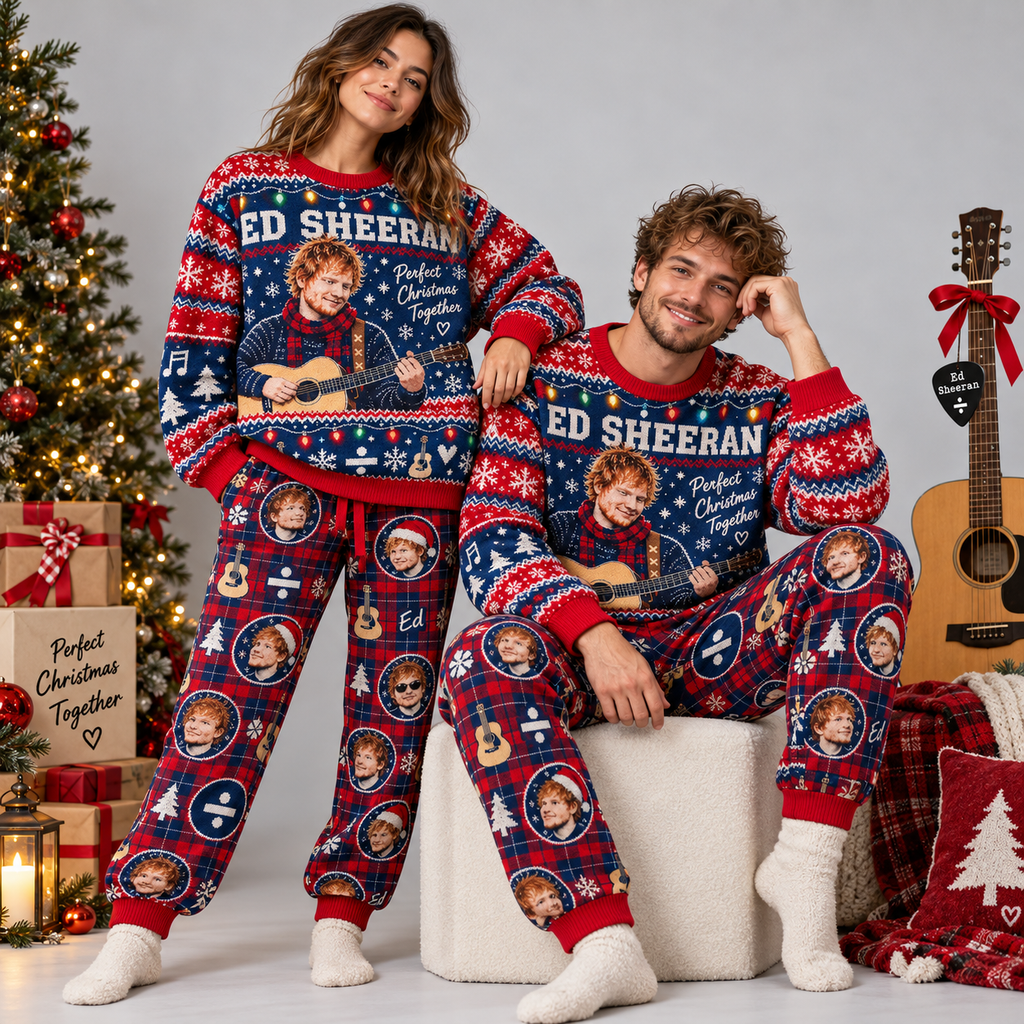 Ed Sheeran Perfect Christmas Guitar Navy Red Festive Graphic Sweater and Jogger Pants Set NDN 2