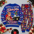 Elton John Rocketing Home for Christmas Blue Festive Graphic Sweater and Jogger Pants Set NDN 1