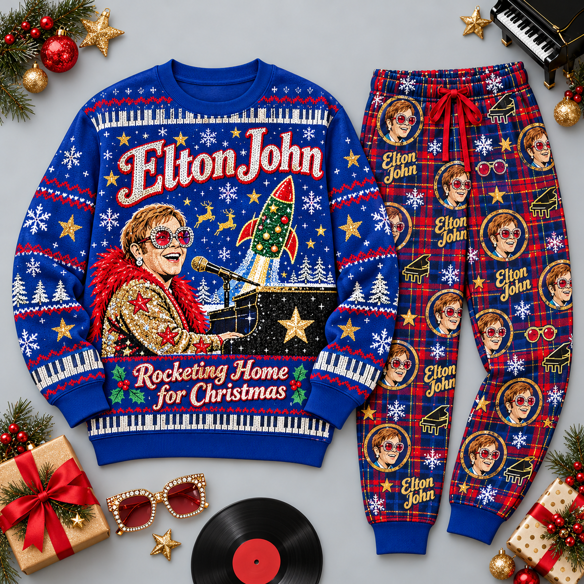 Elton John Rocketing Home for Christmas Blue Festive Graphic Sweater and Jogger Pants Set NDN 1